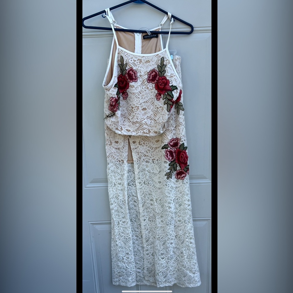 Crystal Doll Cream and Red Floral Lace Maxi Skirt